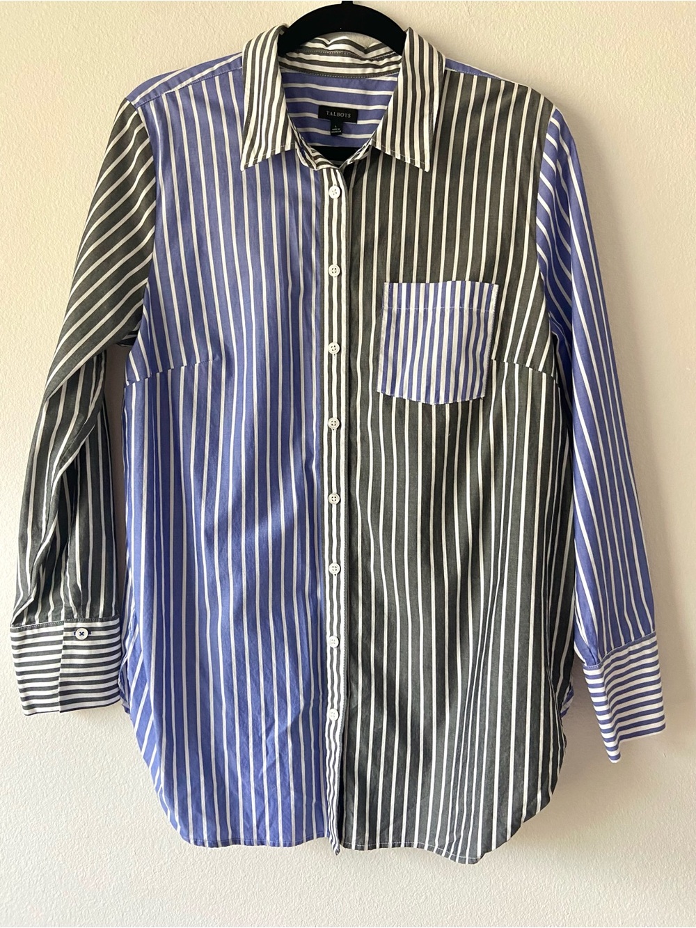 Talbots 100% Cotton Blue Gray Mixed Stripe Button Front Shirt Size L